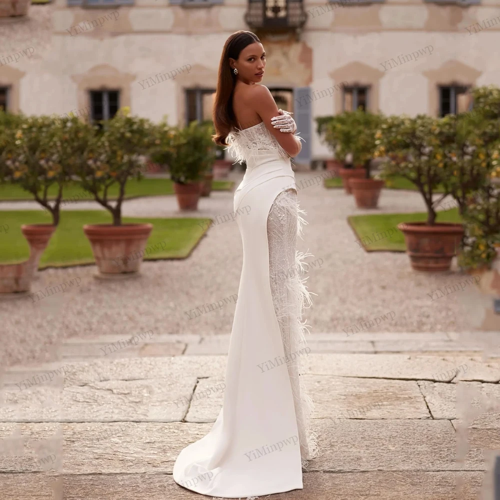 Customized Applique Feature Wedding Dresses For Women Mermaid Satin Pleat Strapless Luxury Bride Party Gowns 2026 Sweep Train