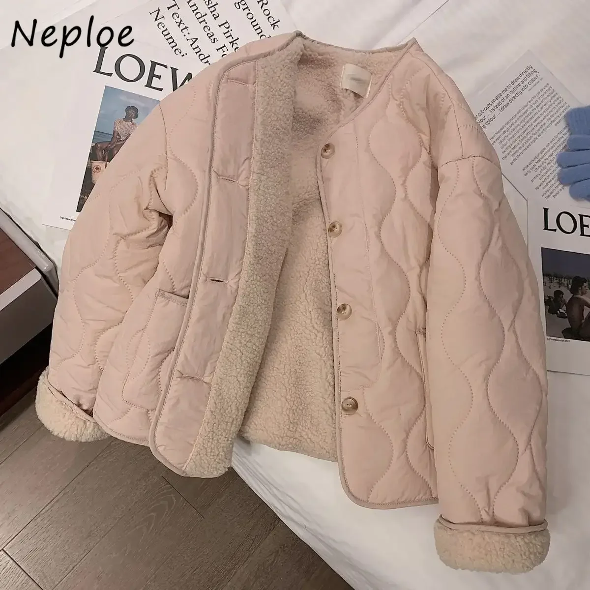 Neploe Berber Fleece Panelled Sweet All-match Parkas 2024 Winter New Warm Women Clothing Korea Elegant Chic Plaid Casual Jacket