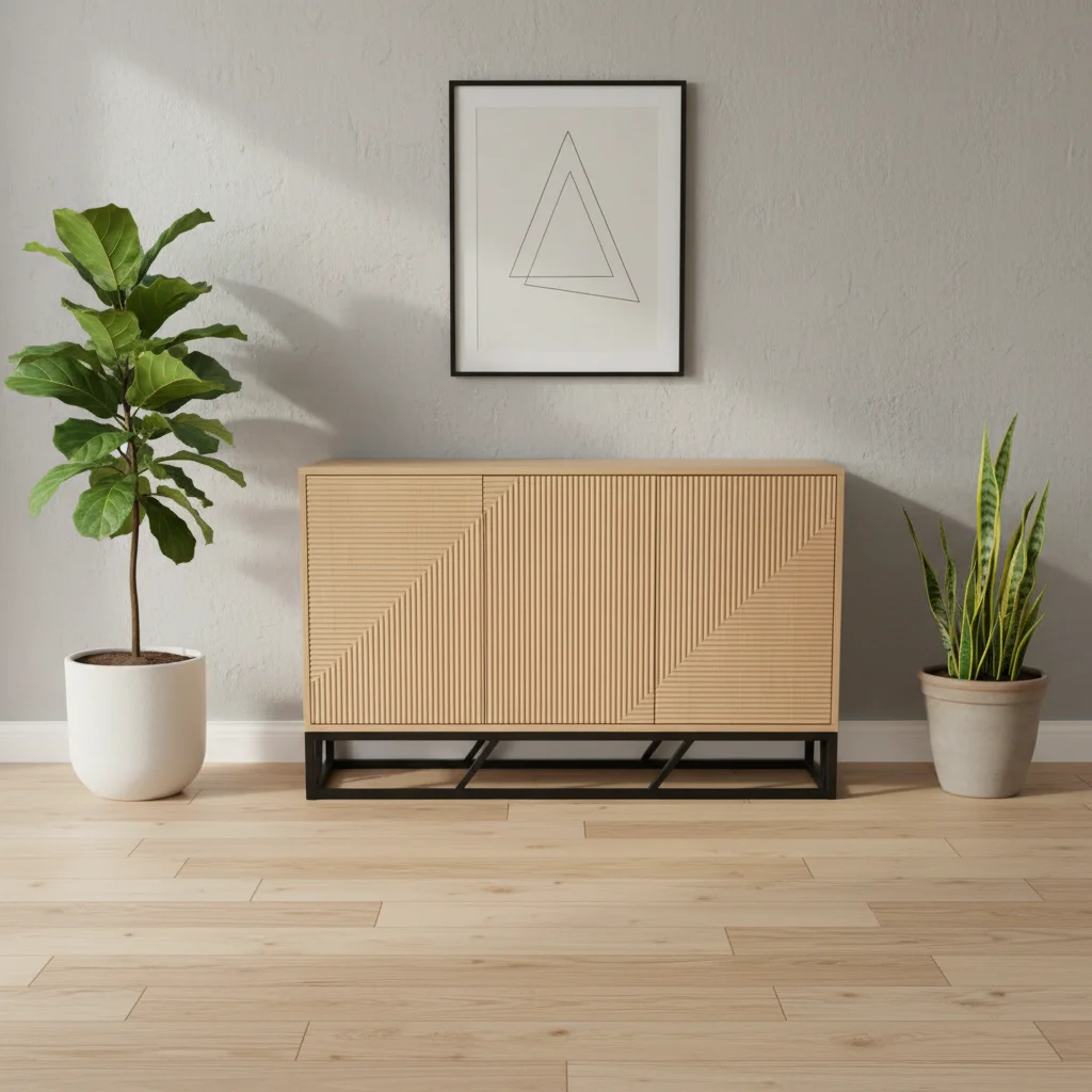 xx-Modern Wooden Panel 3-Door Storage Cabinet with Special Line Design for Living Room Home Furniture^