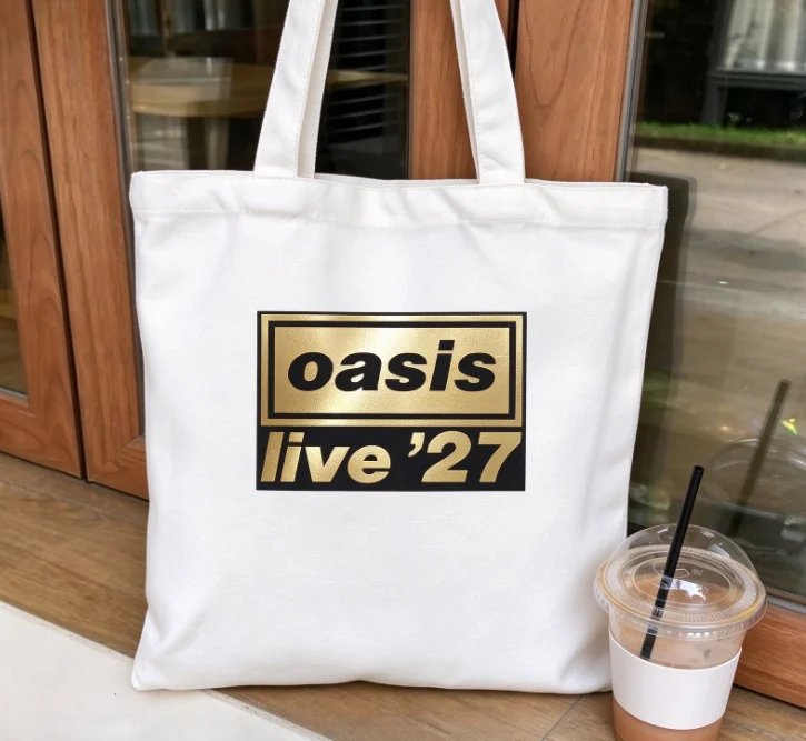 2026 new Canvas Tote Bag Metallic Frame Text Print Large Capacity Shoulder Bag Women Casual Daily Shopping Handbag