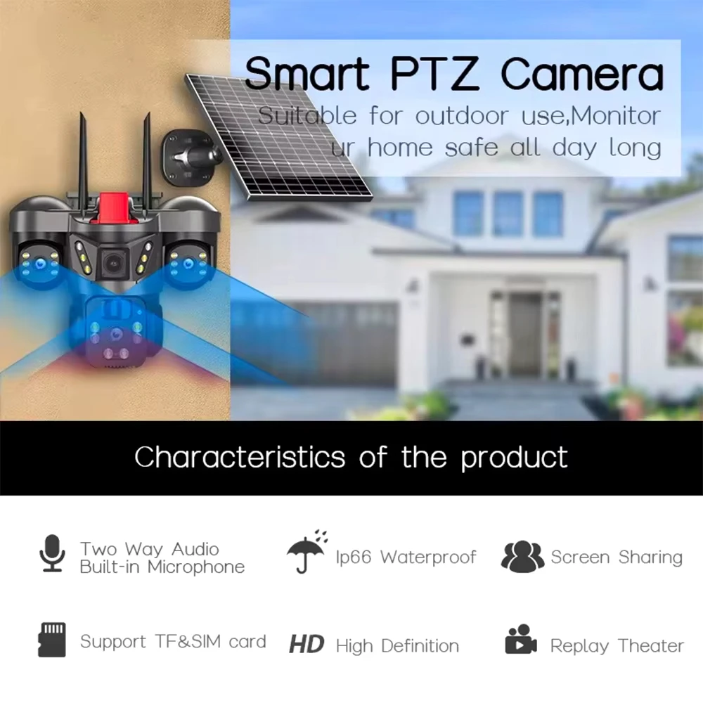 4G LTE SIM card solar WiFi camera, two-way audio PTZ intelligent AI detection 4MP CMOS dual lens night vision SD card outdoor