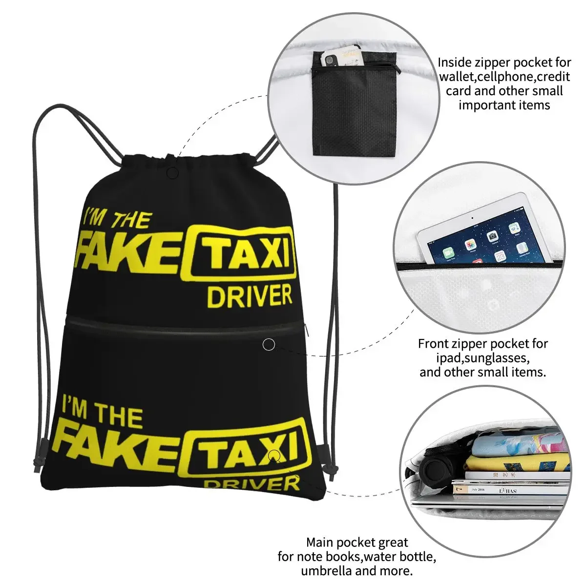 Mochila portátil de Taxi falso para hombre y mujer, bolsa con cordón, paquete de cordón informal, bolsas de artículos diversos de bolsillo para viajes, deportes