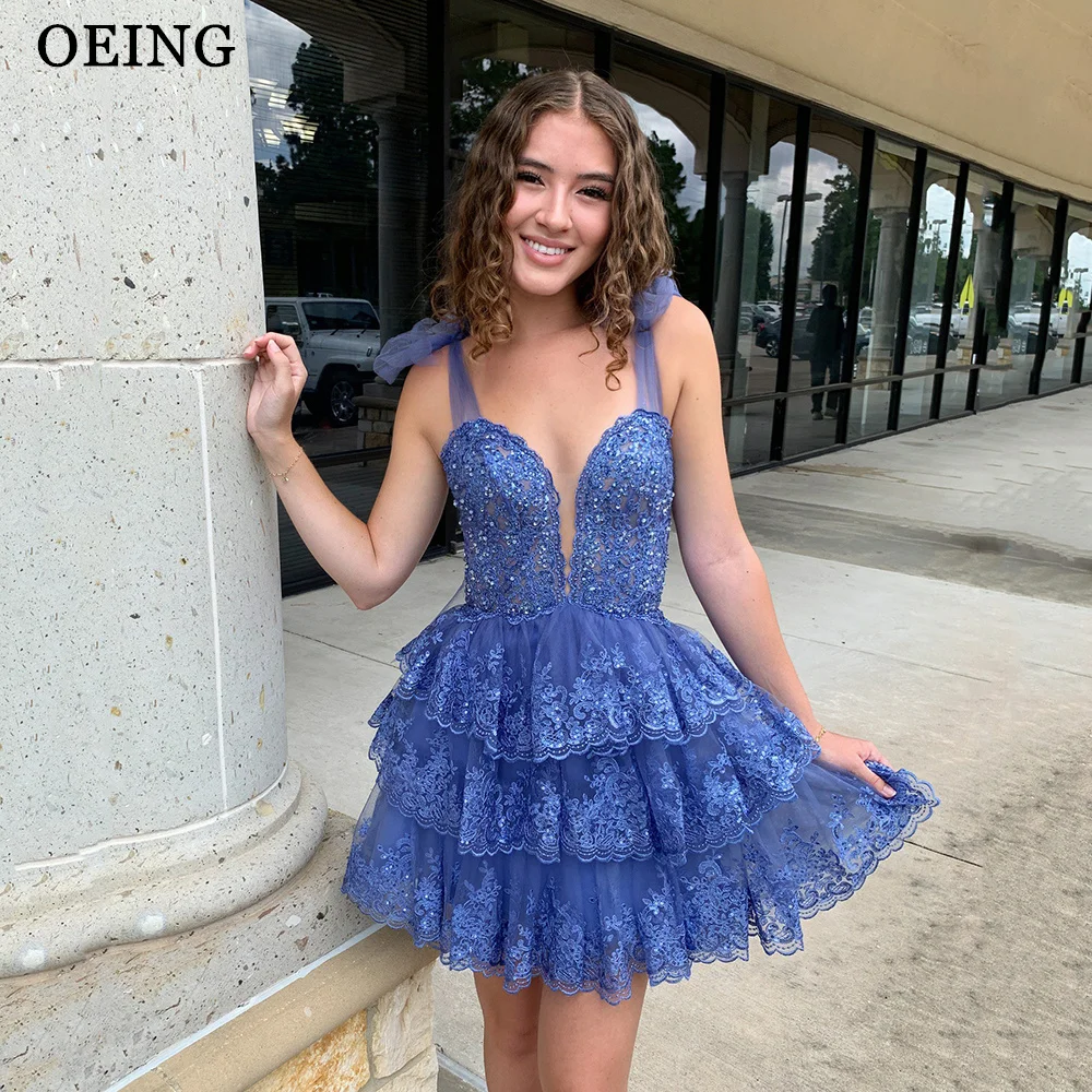 

OEING Glitter Dark Blue Short Prom Dress Sexy Appliques Lace Mini Celebrity Party Dresses Formal Evening Gown Vestidos De Fiesta