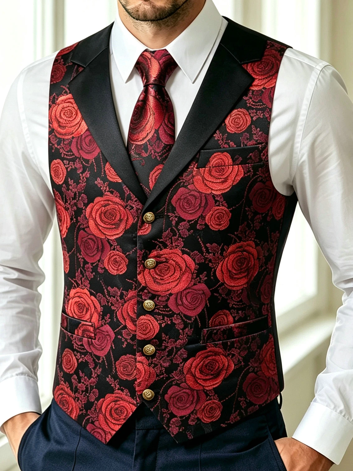Men Formal Wear Vest - VERVEROW 3pcs Gorgeous Red Floral Jacquard