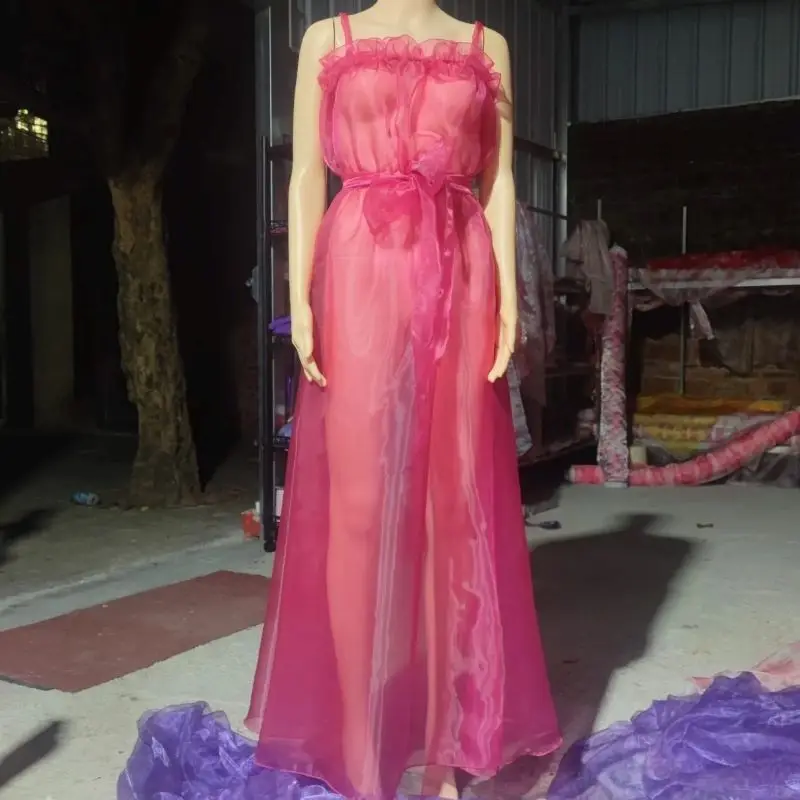 Vestido largo Sexy con tirantes de Organza brillante, transparente, rojo rosa, tacto sedoso, con volantes y fajín, disfraz erótico de pareja de talla grande Maxi