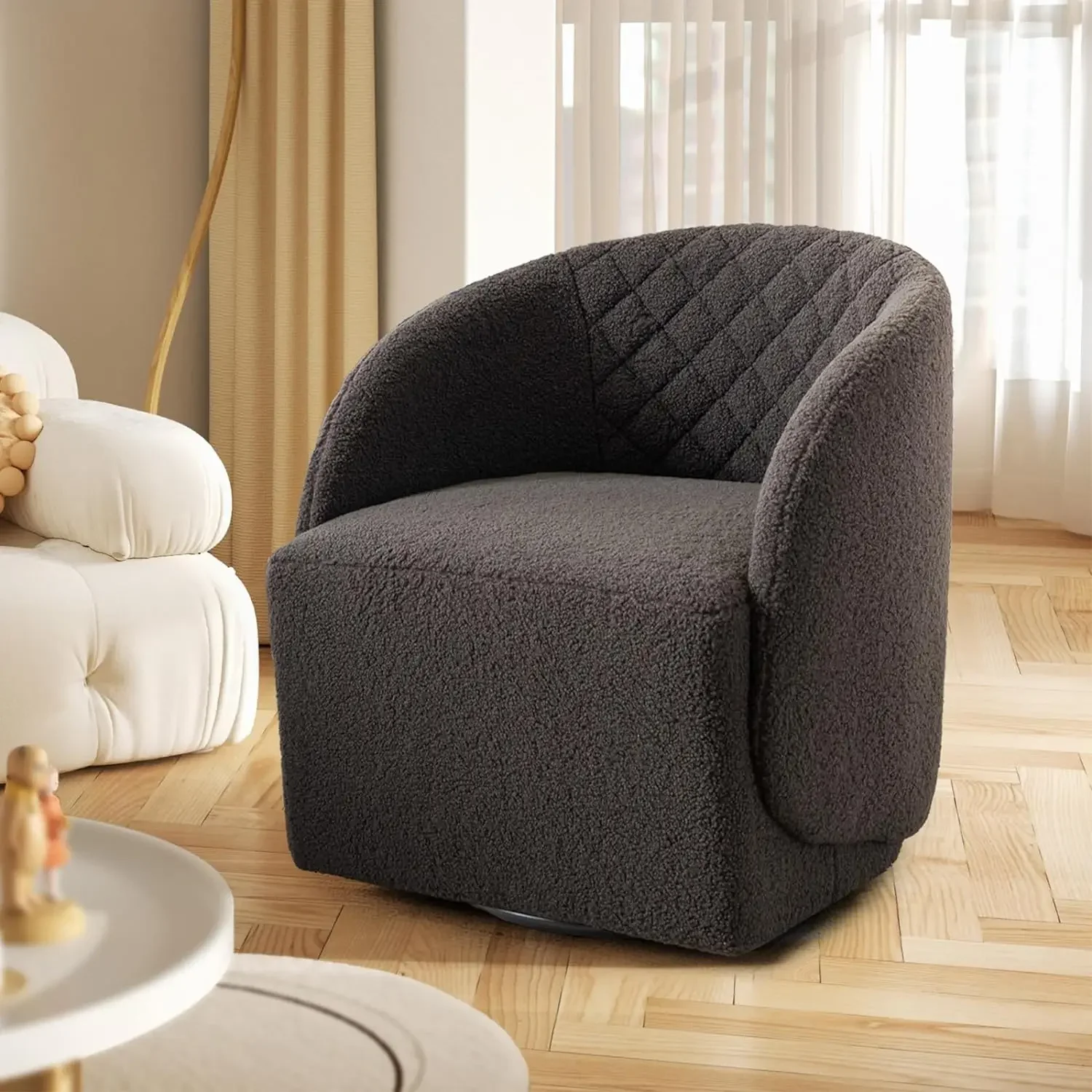 

Swivel Accent Barrel Chair,Modern Curved Back Armchair with Metal Base,Upholstered Teddy Velvet Single Sofa Lounge Arm Chair