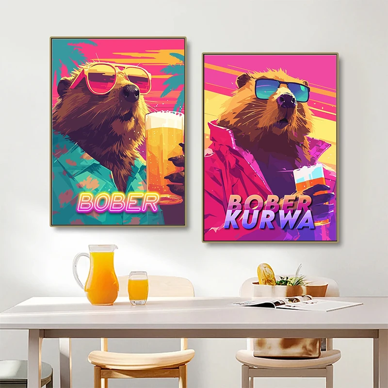 Retro Bober Kurwa 80s Meme Poster Prints Canvas Painting Funny Animals Beer Hawaii Pictures for Home Living Room Decor Cuadros