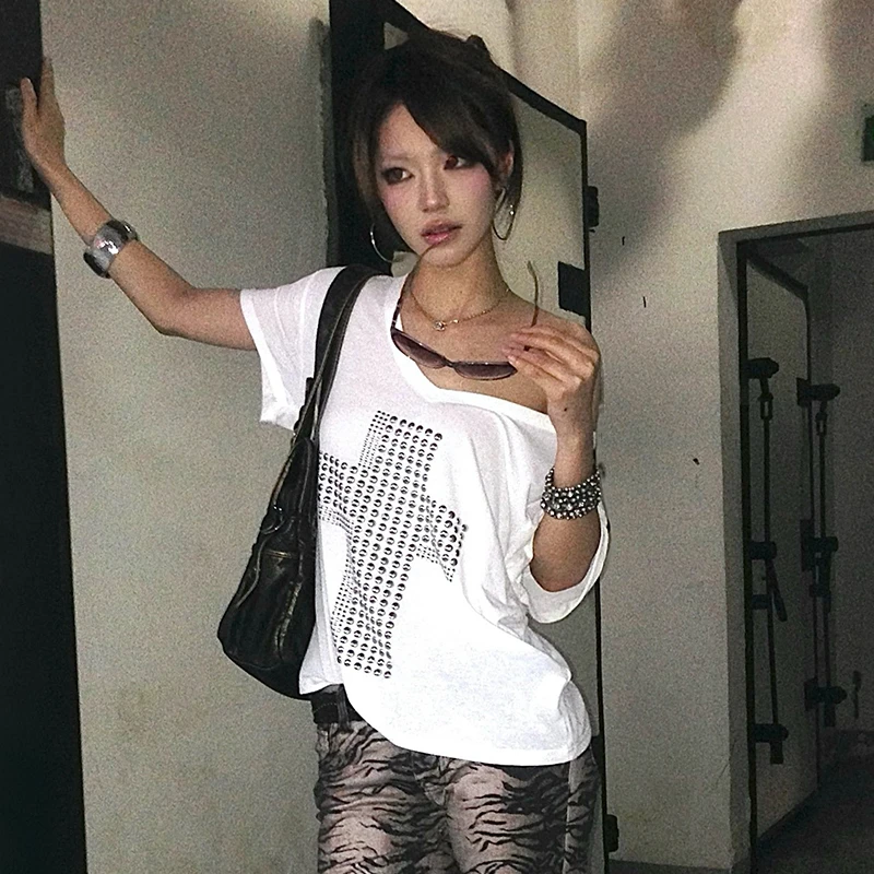 Japanese Y2k Metal Cross Print T-shirt Trashy 2000s V-neck Sheer Tops Vintage Harajuku Short Sleeve Streetwear