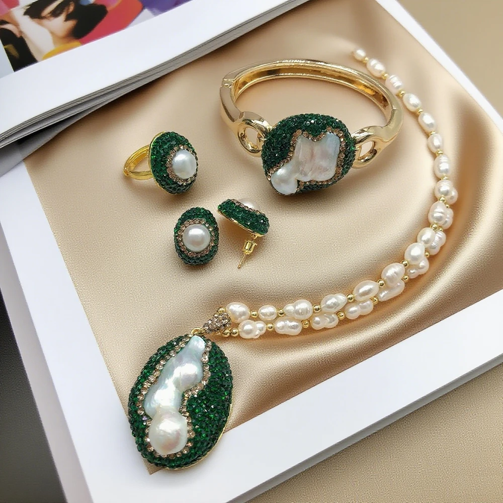 Natürliche Süßwasserperle Kristall Schmuckset für Frauen Barock Unregelmäßiger Quarz Voller Strass Armreif Ringe Charm Halskette Sets