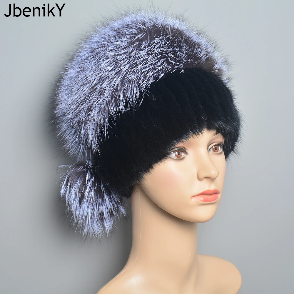 Luxury Womens Winter Knitted 100% Real Sable Fur hat Fur Beanie Russian Mink Fur Cap With Fox Fur Pom Poms Female Warm Thick