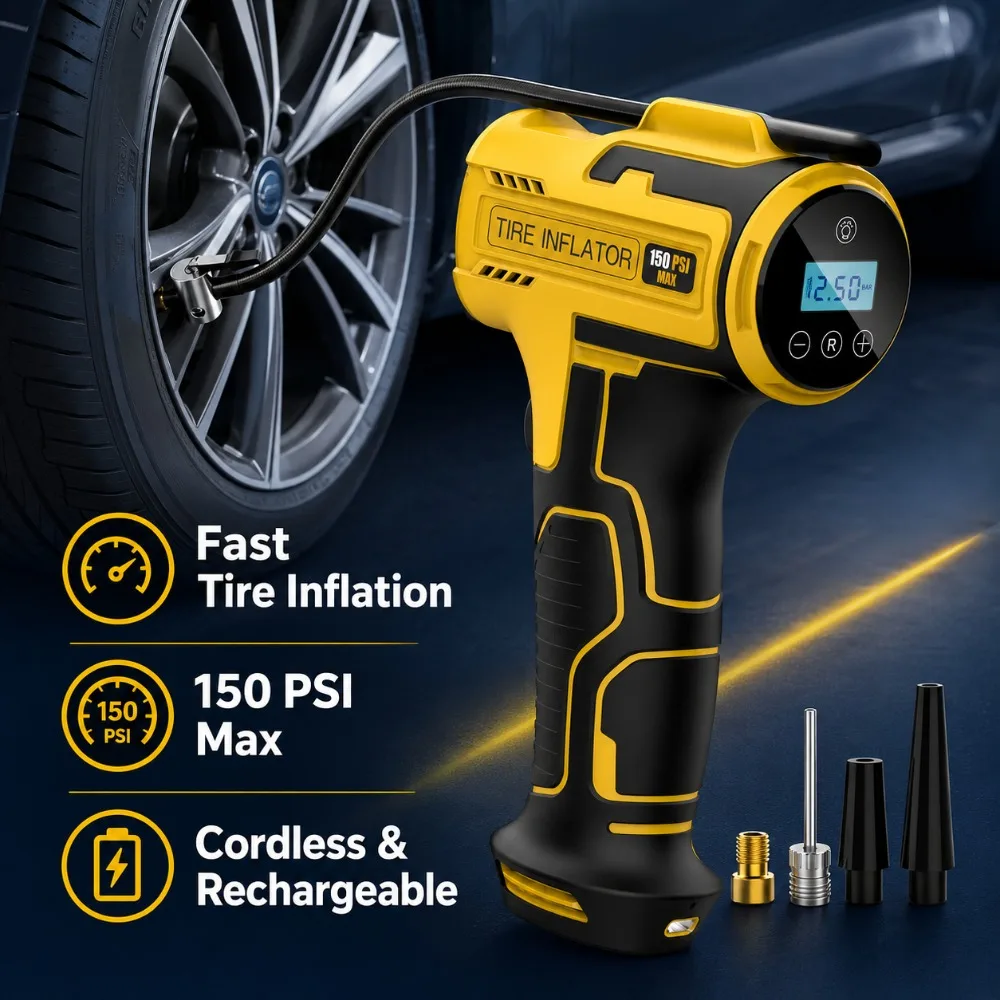 150PSI Fast Electric Air Pump with Built-in 4000mAh Battery. Suitable for Cars, Bicycles, Basketballs, Camping Air Mattresses, Sports Balls and Swimming Floats.