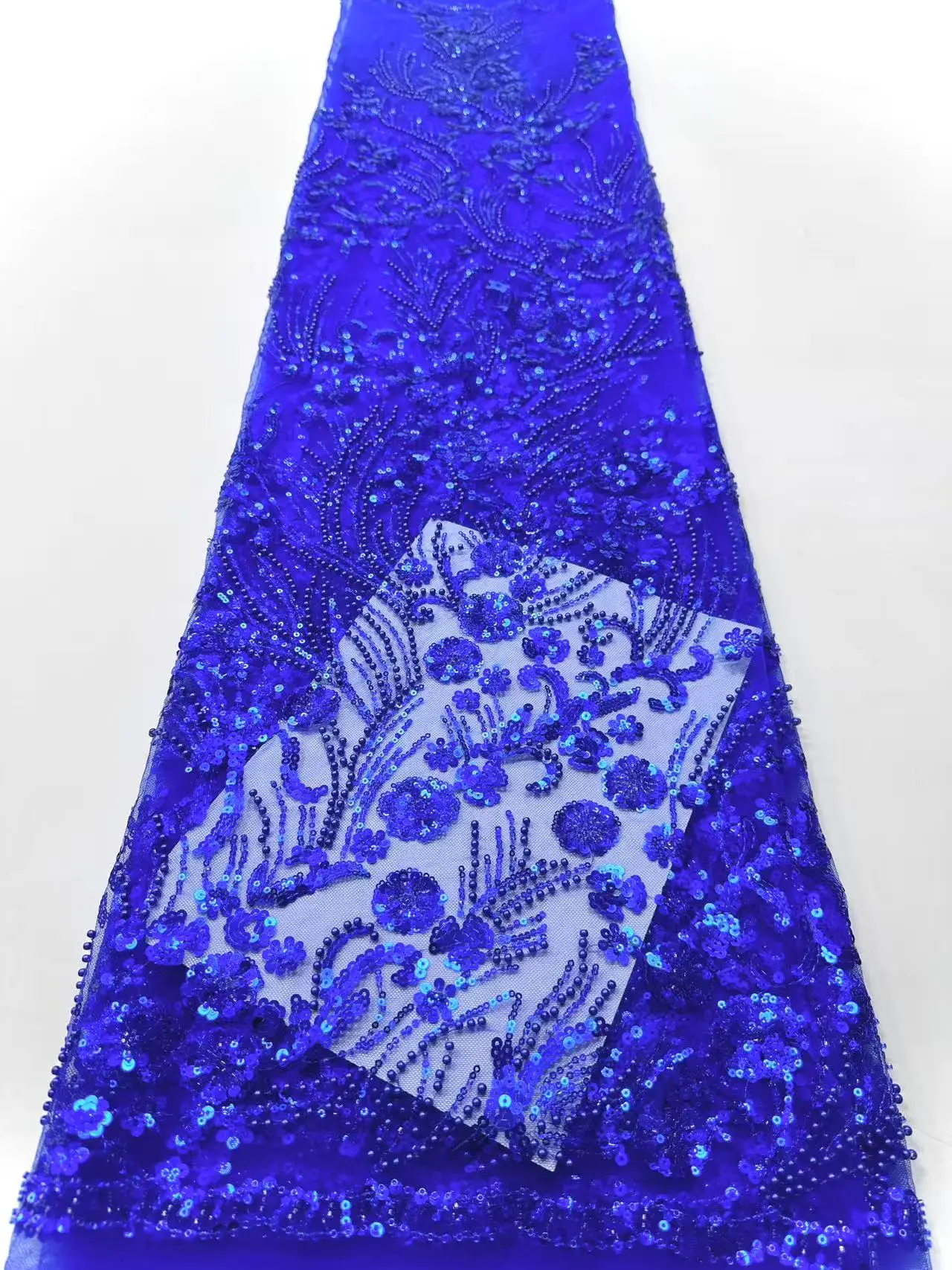 

Nigerian Sequence Lace Fabrics 2025 Royal Blue Fabric High Quality African Beaded Lace Fabric For French Tulle Prom Dress W710-1