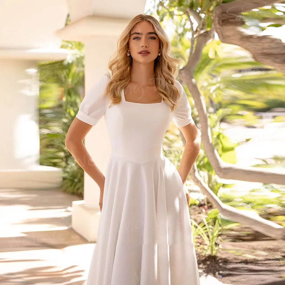 Anmutige A-Linie Damen Brautkleider Square Neck Robe De Mariée Maßgeschneiderte Kurzarm Satin Braut Kleider Vestido De Novia