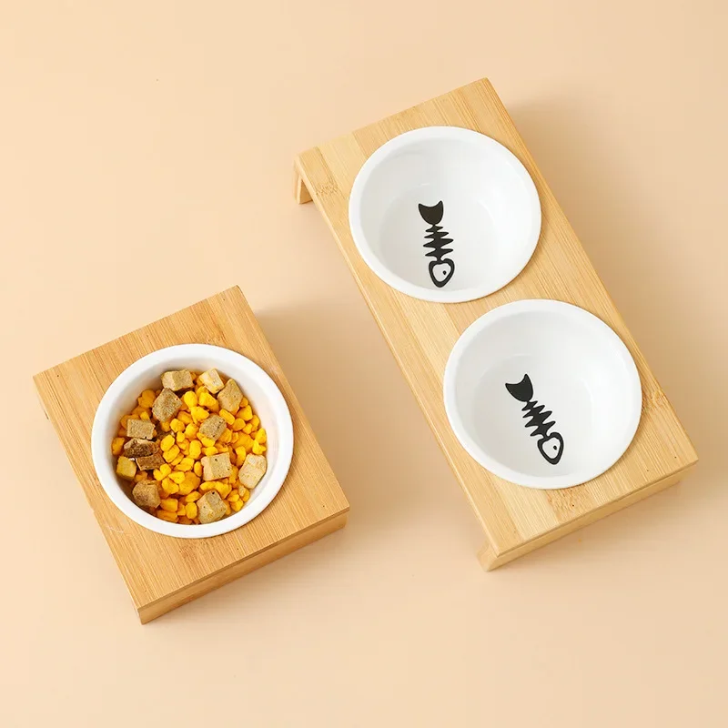 Pet cat and dog Double bowl Single bowl Ceramic bowl bamboo table into cat non-slip double bowl Dog cat food bowl