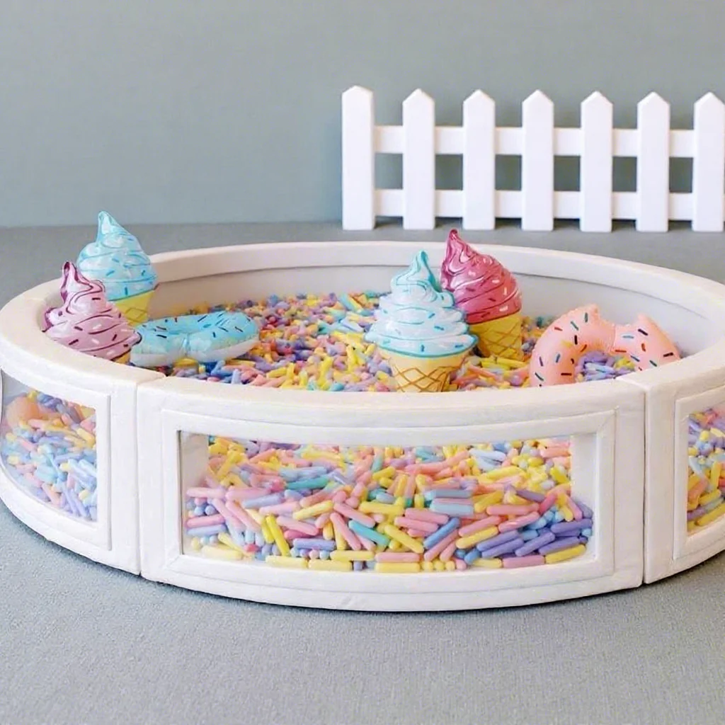 

white, blue, and pink indoor/outdoor soft play equipment with transparent ball pool sprinklers for school parties and birthday