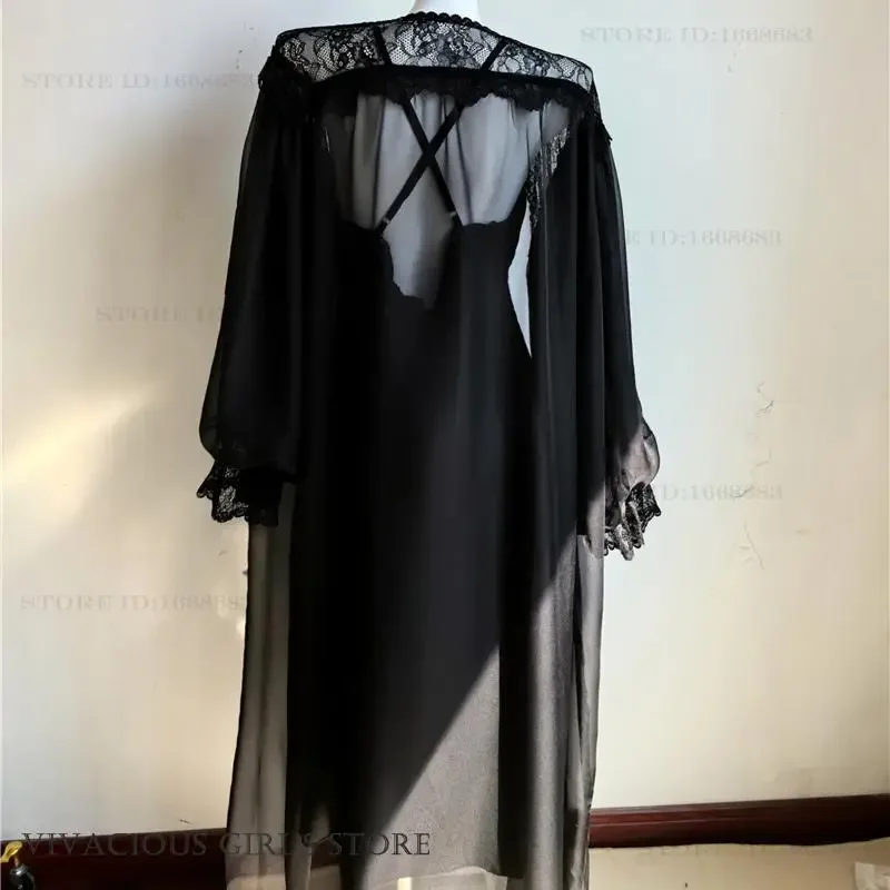 Female Black Long Twinset Robe Set Night Dress Spring Summer Perspective Mesh Bathrobe Kimono Nightgown Sexy Plus Size Homewear