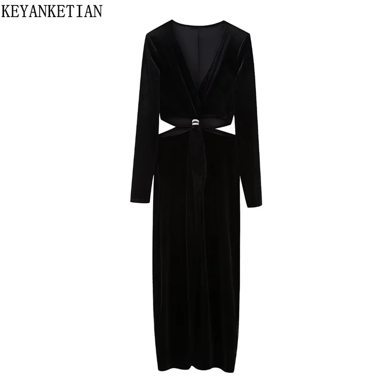 

KEYANKETIAN New Launch Women's Velvet Evening Dresses Shiny Decoration Hollow out Expose waist Sexy Slit Black Ankle MIDI Dress