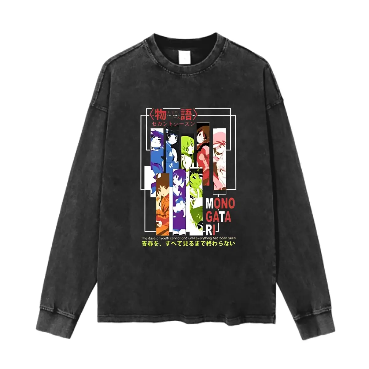 Monogatari Series Anime Algodón lavado Vintage Sólido O Cuello Camiseta de manga larga para hombres y mujeres