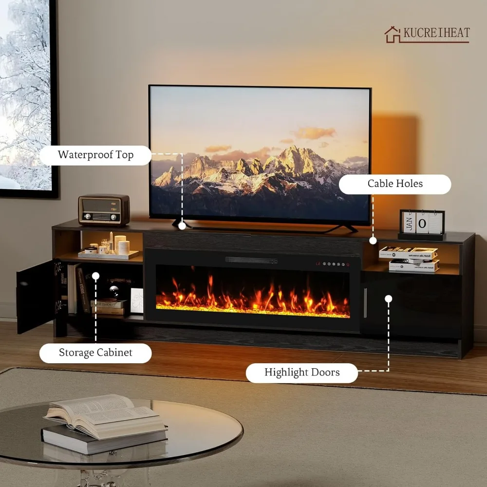 حامل تلفزيون حديث 80 مع 42 مدفأة مدمجة وإضاءة LED وتخزين لأجهزة التلفاز الكبيرة حتى 90 - مركز ترفيه أنيق باللون الأسود