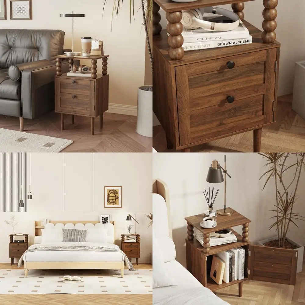 

Walnut Brown Solid Wood Nightstand with Storage Drawers and Open Shelves for Bedroom and Small Spaces