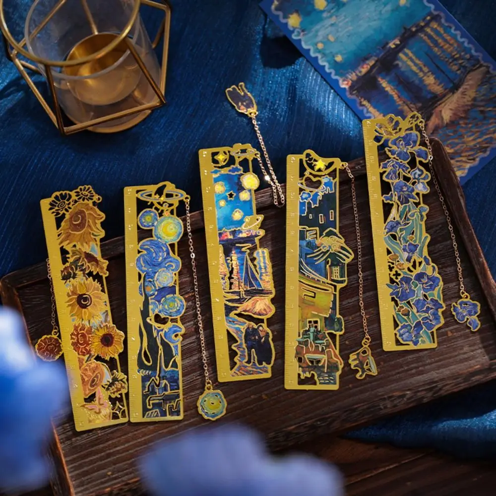 Regla de pintura Floral de aleación, borlas, pintura famosa, marcapáginas hueco, estilo de pintura al óleo, papelería, marcapáginas de Metal