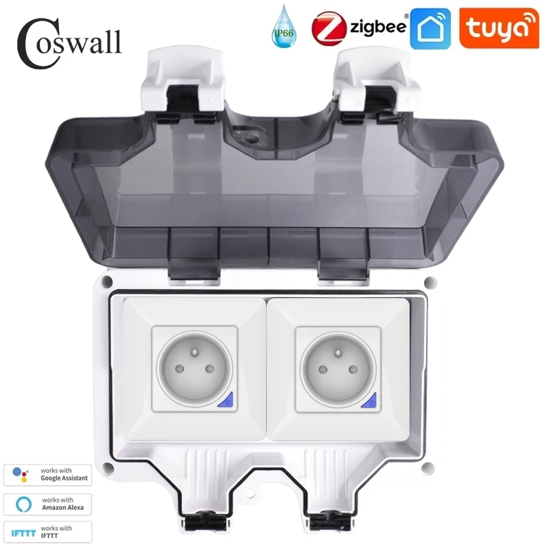 Coswall Tuya Zigbee / WIFI IP66 Waterproof EU FR UK Universal Socket Timer Switch Programmable With Power Monitoring Function