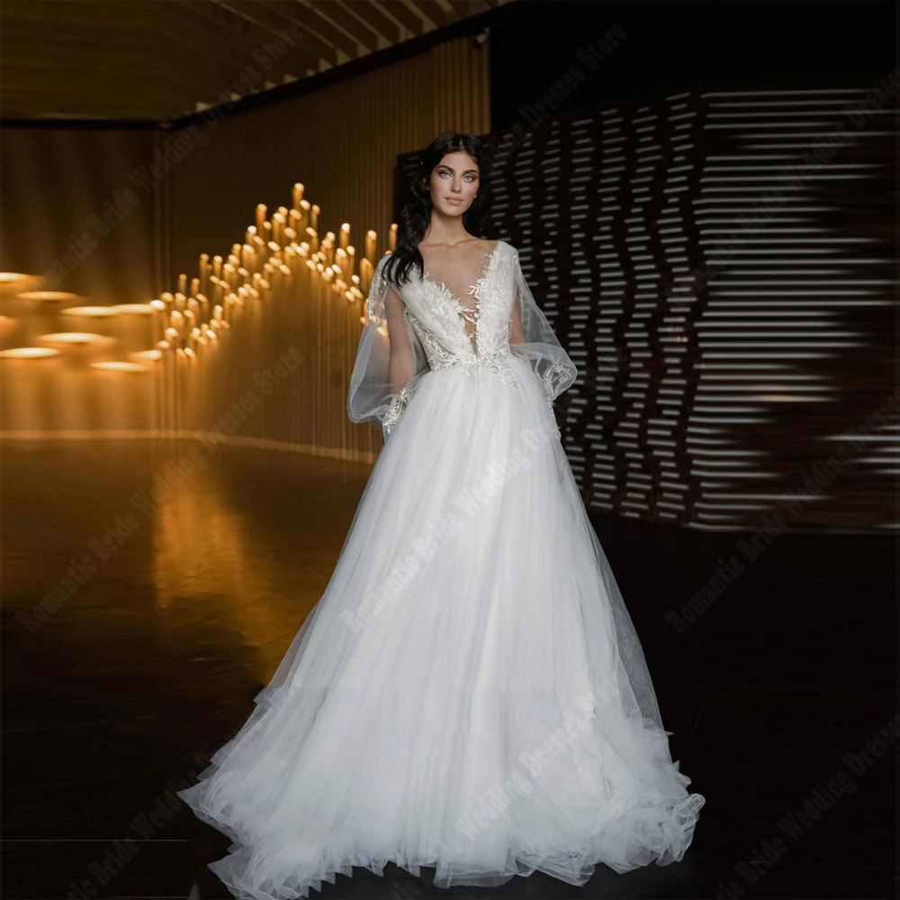 

Illusion Sexy V-Neck Women Wedding Dresses Sweetheart Long Sleeves Tulle Bridal Gowns Mopping Length Banquet Vestidos De Novias