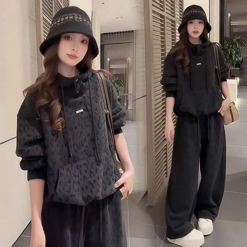 Fashionable Hat Hooded 270g Wool Blend Women's Set Spring Autumn Wide Leg Pants Casual Two Piece Sweatshirt Outfit