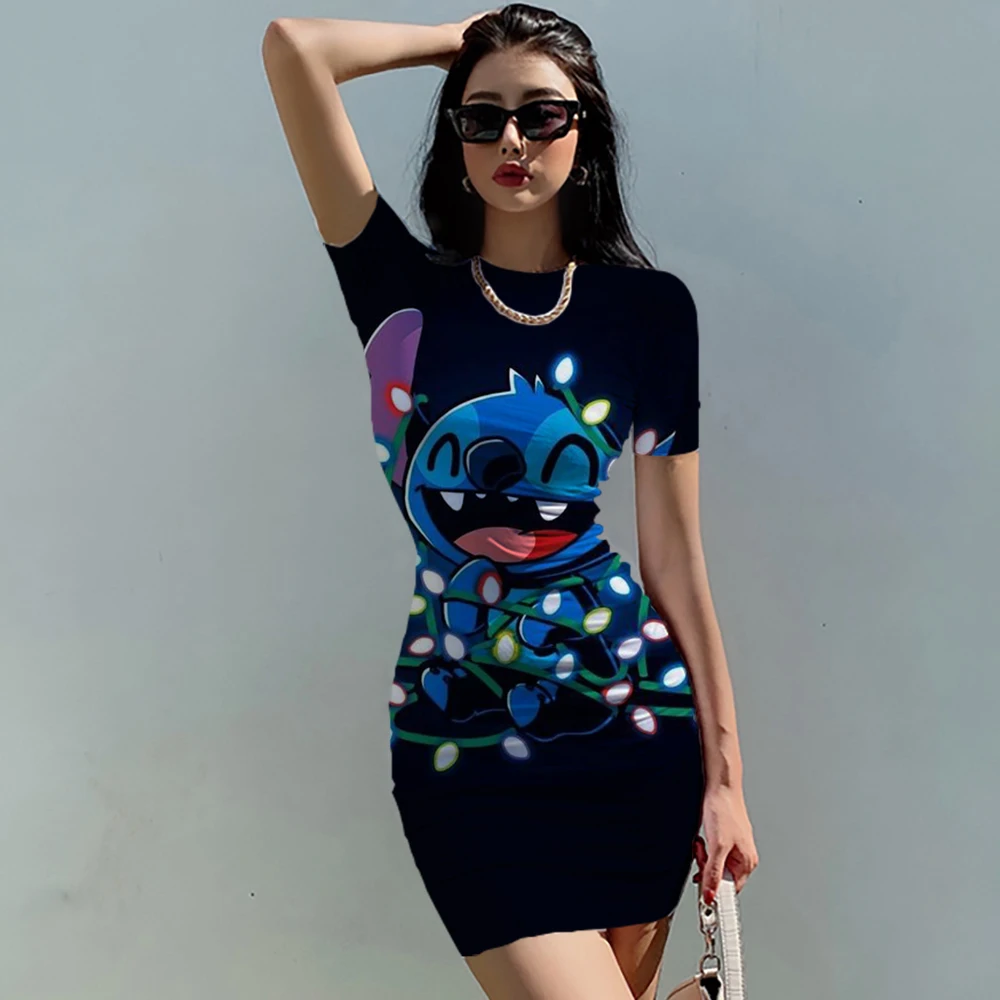 Summer cartoon Disney Stitch print pattern women's sexy hip hugging short skirt fashion dress slim fit hip hugging skirt