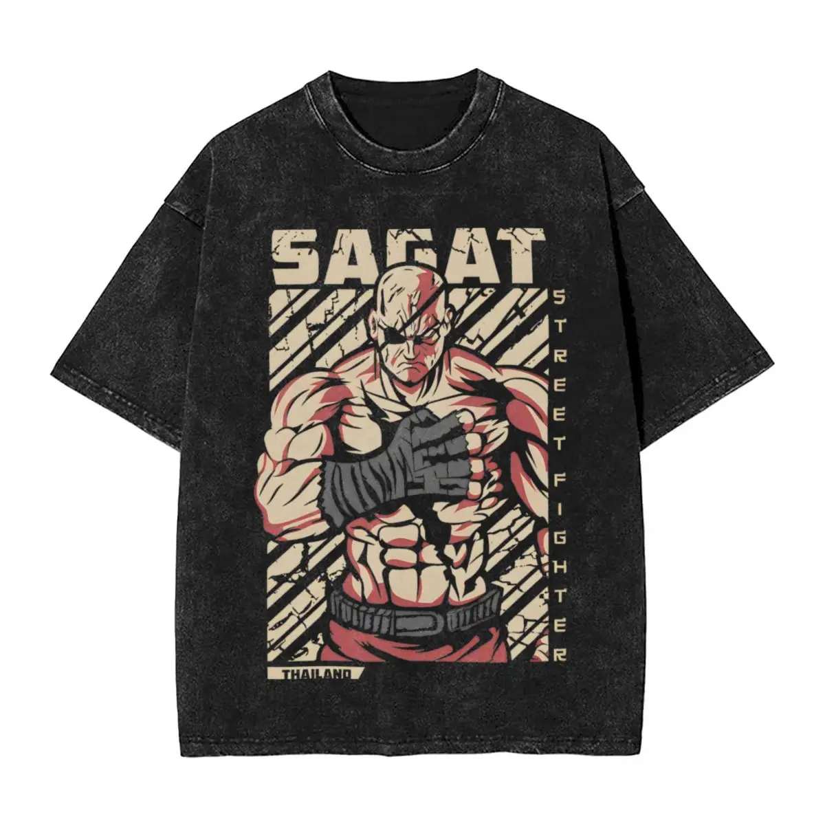 Washed T Shirt Sagat Street Fighters Hip Hop Vintage T-Shirt Harajuku Streetwear Cotton Graphic Tops Men Women Tees