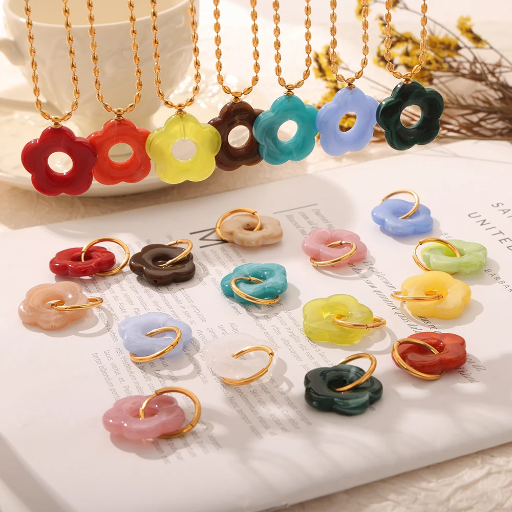 Colorful Resin Hollow Flower Pendant Necklaces Drop Earrings For Women Stainless Steel Rice Chain Women Wedding Jewelry Sets