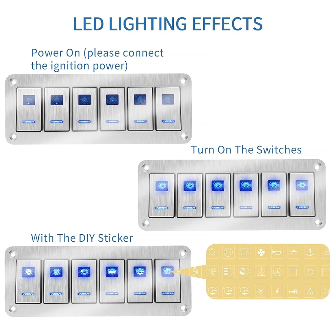 ABILKEEN ON-OFF 6 Gang Aluminum Rocker Switch Panle with Dual LED Light DC12-24V Car RV Truck Boat Modification Waterproof Panel
