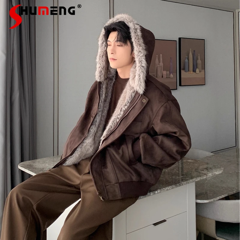 

Men's 2025 Winter New Jackets Men's Hooded Padded Jackets Faux Fur Collar Windproof Solid Color Parkas Zipper Simple Chic Coats