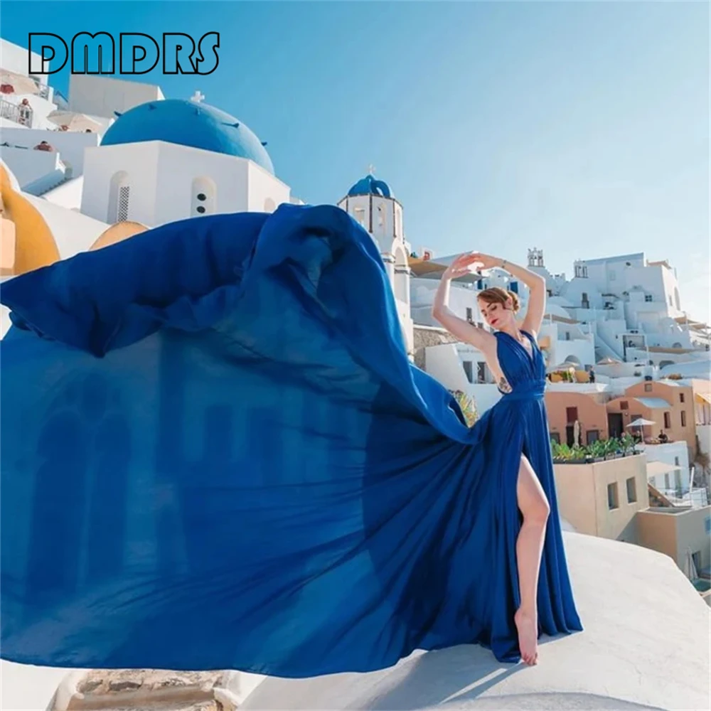 Silky Satin Beach Dress For Women Sleeveless V Neck Flying Boho Dresses For Photo Shoot High Slit Plus Size Women Party Gown