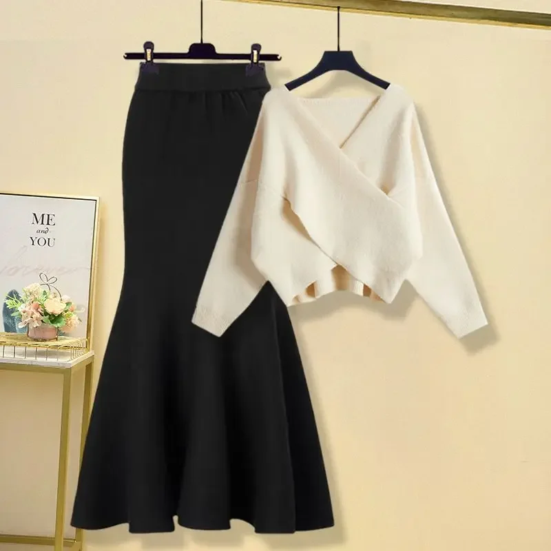 Women's Spring Autumn New Fashion Cross Knit Sweater Fishtail Skirt Two Piece Korean Elegant V-Neck Pullover Dress Matching Set