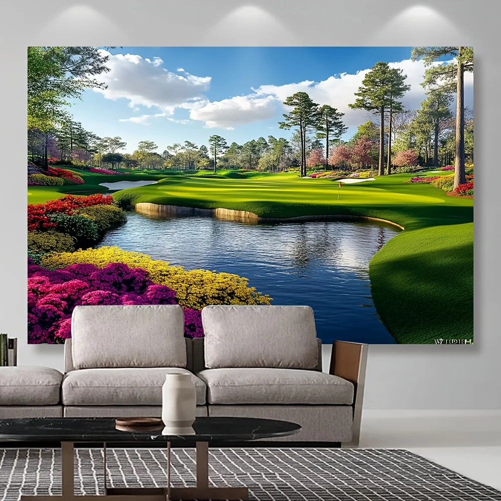 Golf Course With Green Fairways Water Hazard And Colorful Flowers Wall Mural For Living Room Decor