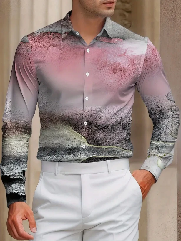 2025New Men's Summer Cotton And Linen Lapel Beach Shirt Long Sleeve Solid Color Hawaiian Holiday Clothing Rose Pattern Shirt