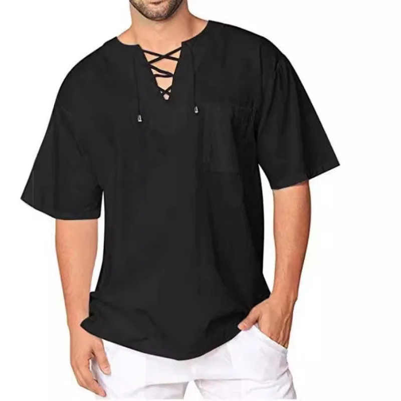 New Style Men's Short Sleeved T-shirt for Summer Foreign Trade, Cotton and Linen Tie Up Collar, Casual Men's T-shirt Shirt