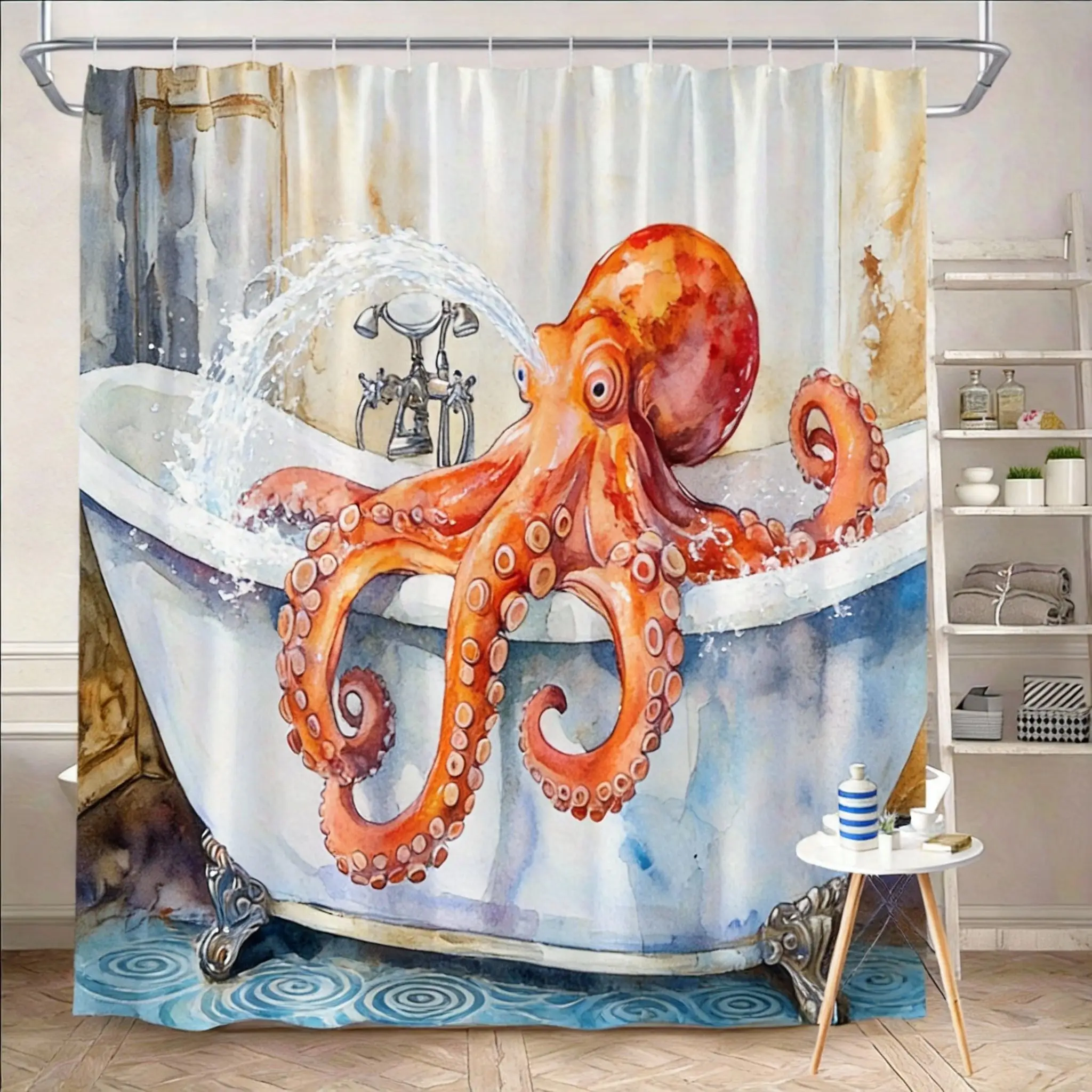 

Octopus Shower Curtain 180x180cm – Watercolor Octopus in Vintage Bathtub, Whimsical Bathroom Decor, 12 Hooks