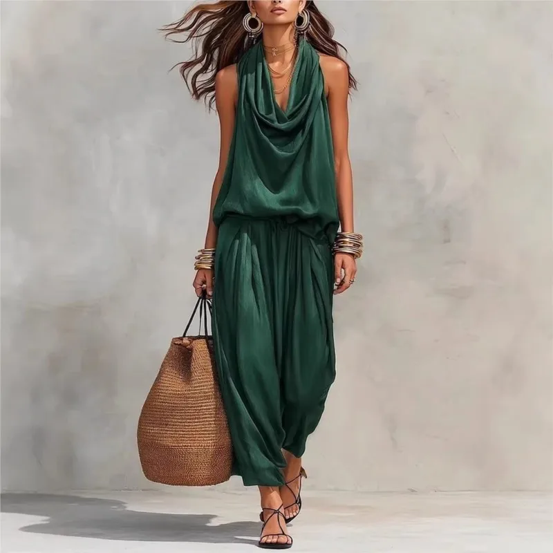 Elegant Solid Women's Office Two-piece Set Summer Fashion Sleeveless Loose Fitting Soup Neck Top+pants Suit Lady Comfort Outfit