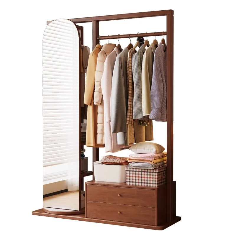 

Solid wood hanger floor-to-ceiling bedroom multi-functional coat rack with mirror household rotating full-length mirror