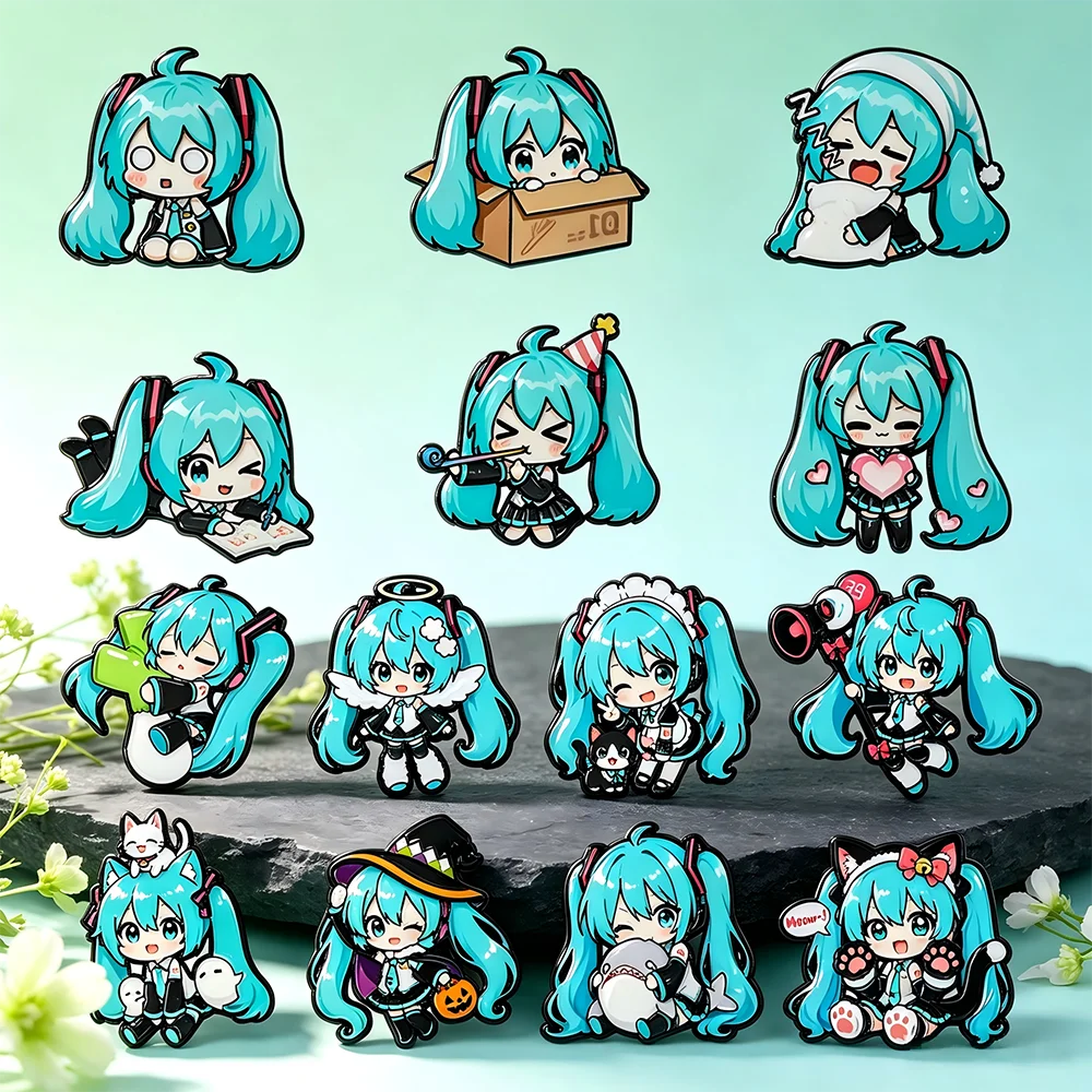 6/8/14Pcs Cute Chibi Blue Twin-Tails Virtual Singer Enamel Pin Set Cartoon Miku Character Brooch Badges Gifts for Anime Fans