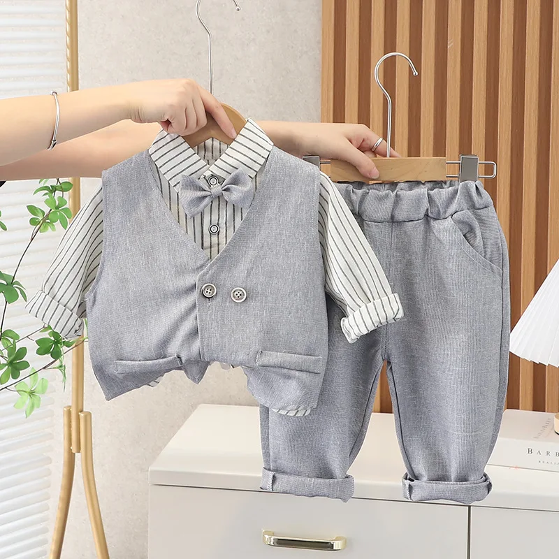 New Spring Autumn Baby Clothes Suit Children Boys Striped Long Sleeved Shirt Vest Pants 3Pcs/Sets Infant Costume Kids Tracksuits
