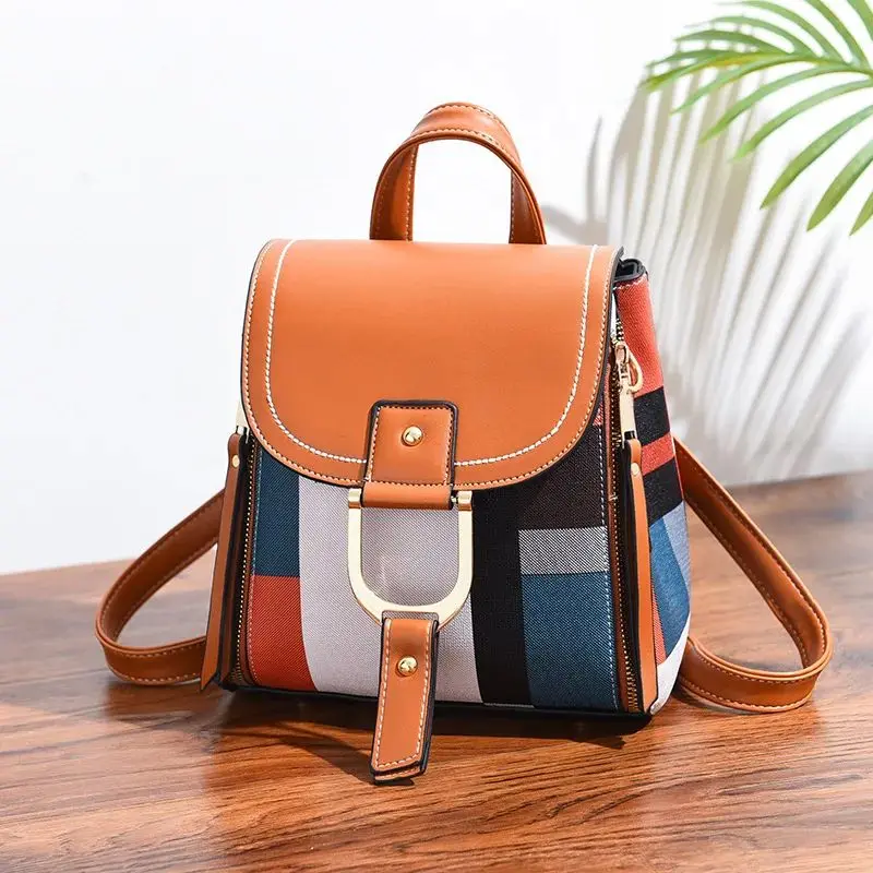 women's-pu-leather-plaid-splicing-backpack-multi-functional-double-shoulder-bag-fashionable-and-stylish