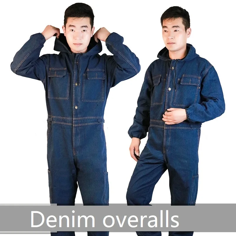 

Work Clothing Dust Proof Denim Overall Hooded Working Coveralls Auto Repair Painter Uniforms Jeans Working Welding Suit Jumpsuit