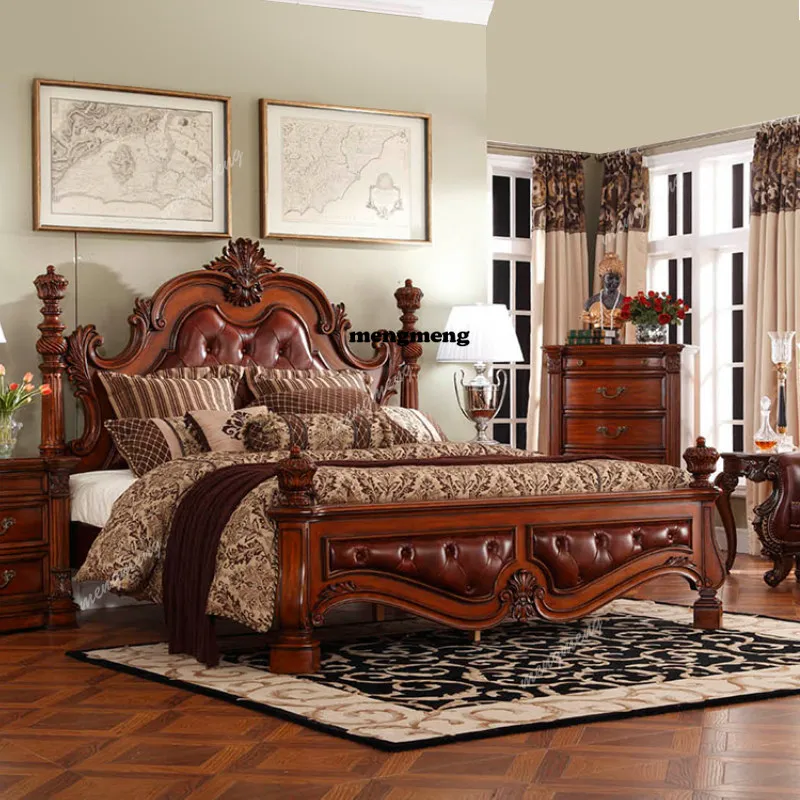 American solid wood master bedroom leather bed European carved pillar bed double villa luxury retro wedding bed