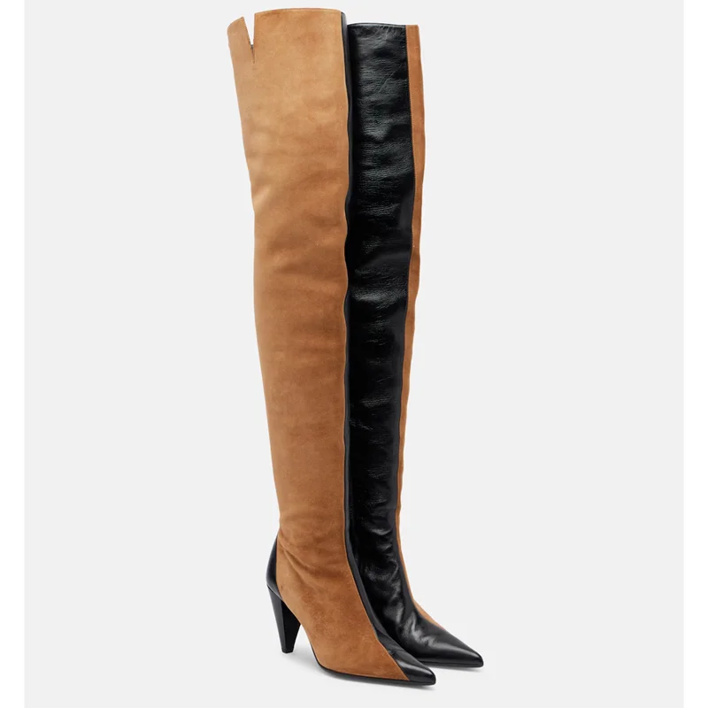 Suede Leather Patchwork Over The Knee Boots Sexy Pointed Toe Square Heels Customized New Arrivals Fashion Women Modern Boots