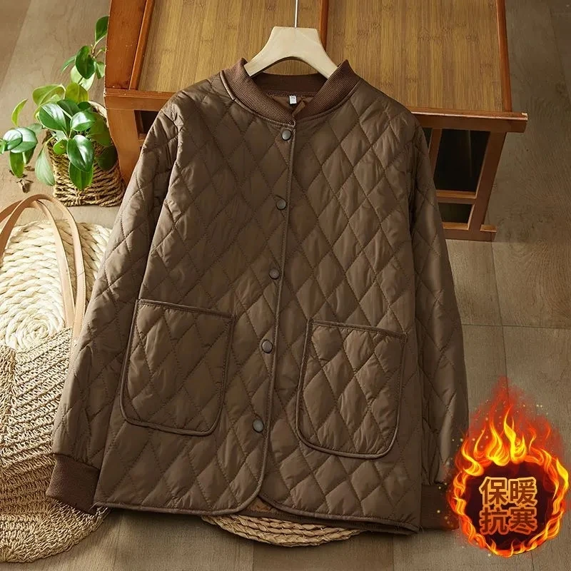 

Women's Lightweight Cotton Jacket New Loose Long sleeved Diamond grid Jackets autumn winter 2025 mother's Solid Casual top