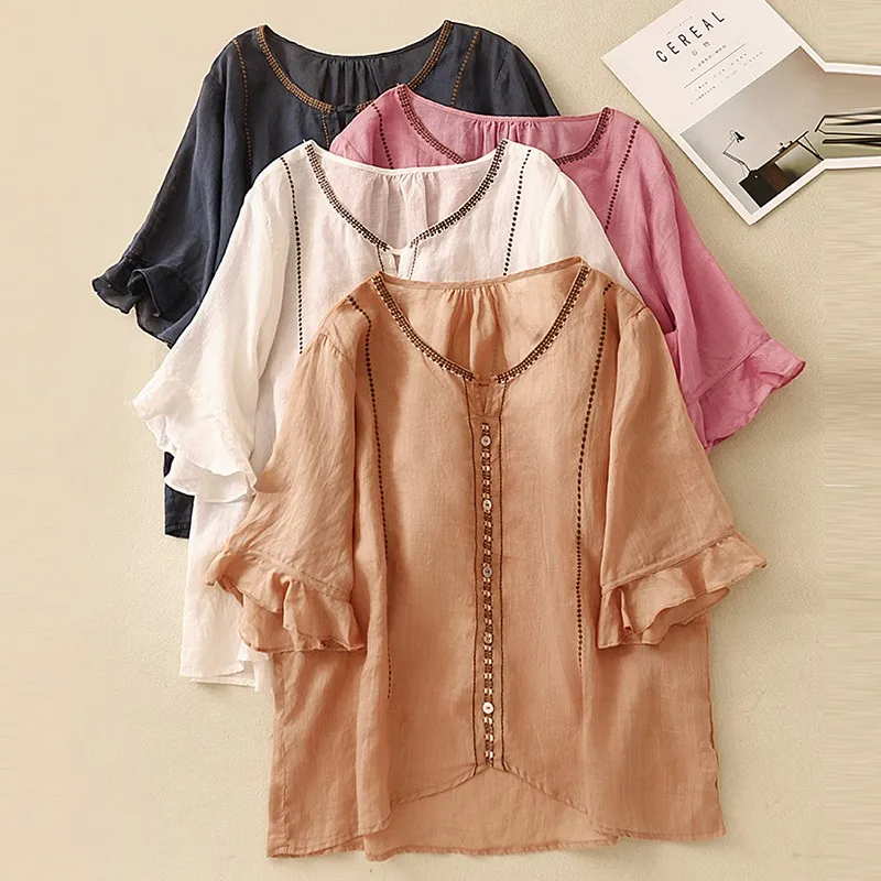 Women Summer Casual Shirt New Arrival 2024 Vintage Style O-neck Flare Sleeve Loose Female Cotton Blouses Shirts B3835