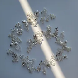 SLBRIDAL Handmade Alloy Flower Leaf Rhinestones Pearls Bridal Headband Wedding Long Headpieces Bridesmaids Women Hair Jewelry